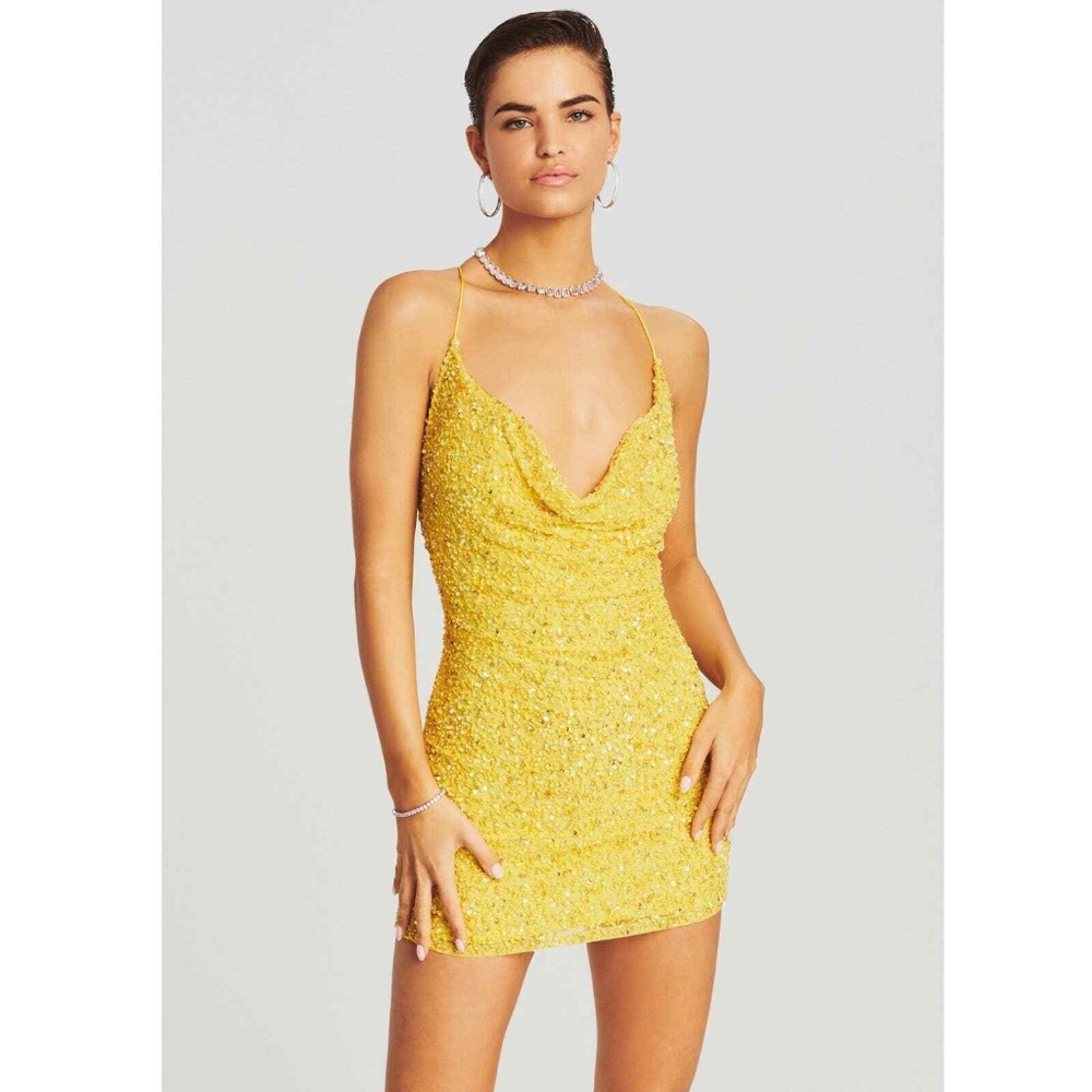 Retrofete Yellow Sequin Cowl Neck Dress